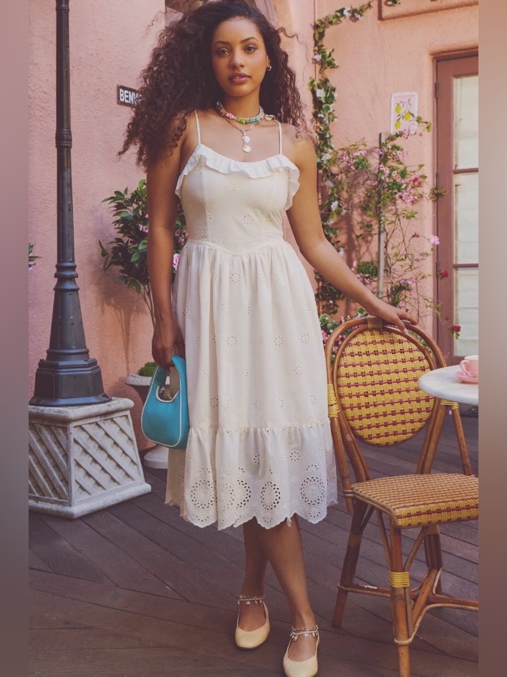 Celebrity Pink Cream Eyelet Ruffle Midi Dress